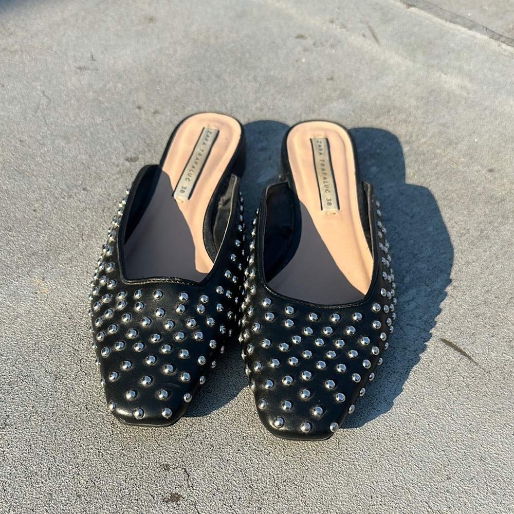 Zara Black Studded Mules with Suede Finish